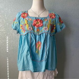 Vintage Sister Mary Baby Doll Embroidered Floral Boho Top 100% Cotton Size S